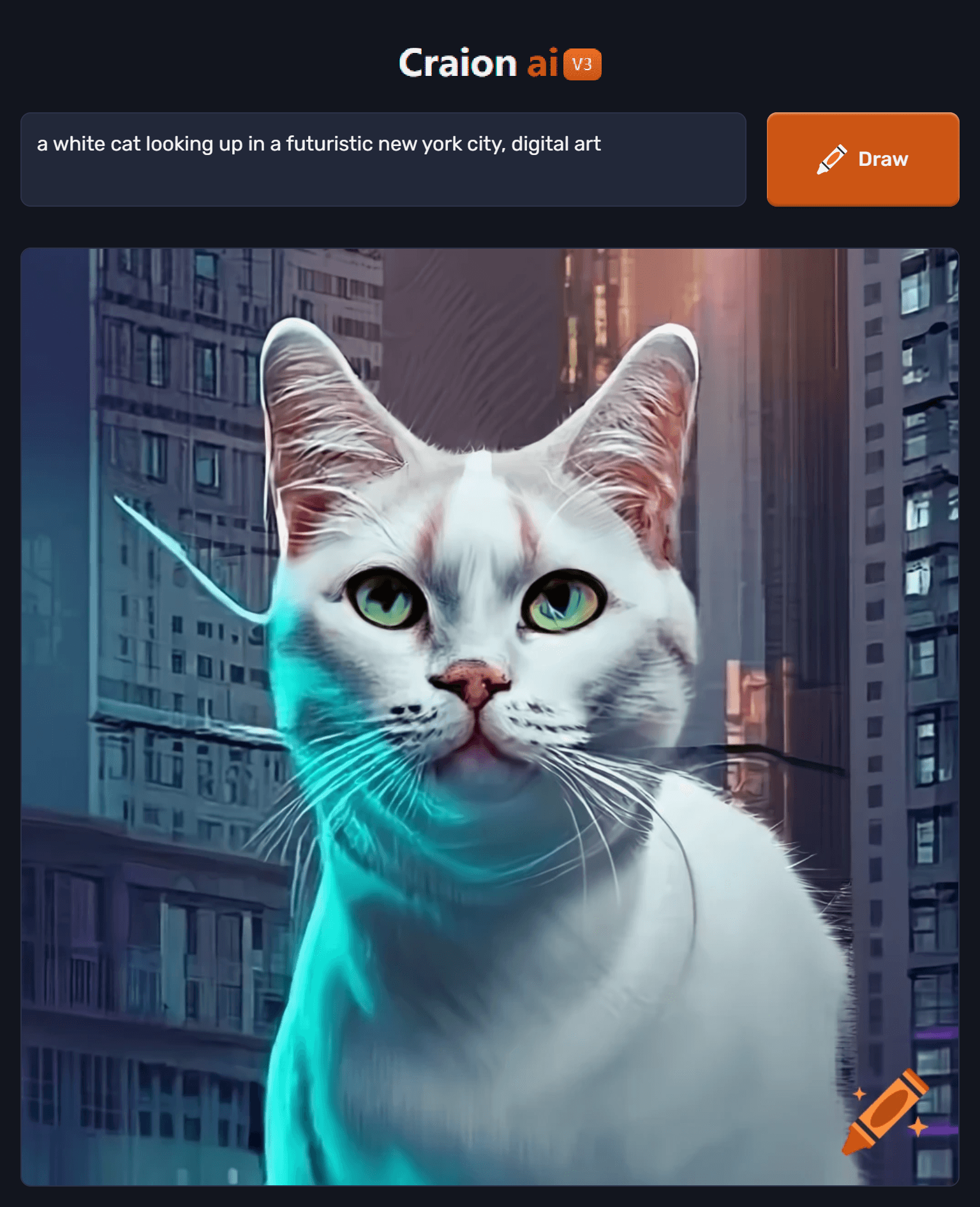 Clear language AI prompt example. Prompt: a white cat looking up in a futuristic new york city, digital art // Negative Words:  // Crayon AI Model: Art