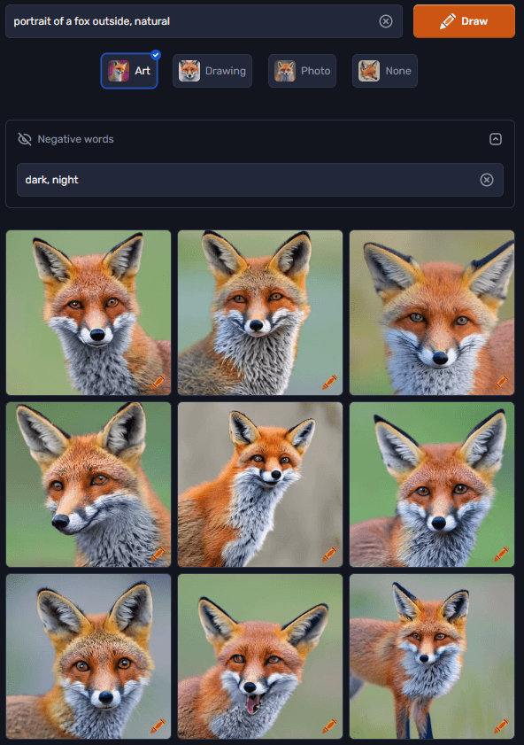 Negative words AI prompt example. Prompt: portrait of a fox outside, natural // Negative Words: dark, night // Crayon AI Model: Art