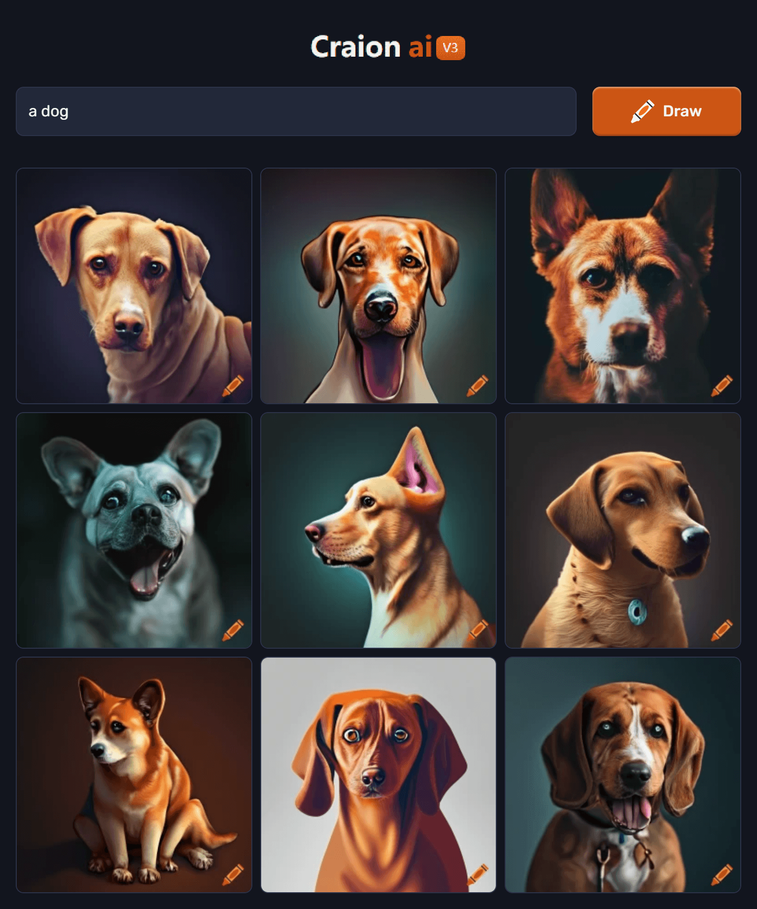 AI prompt example. Prompt: a dog  // Negative Words:  // Crayon AI Model: Art